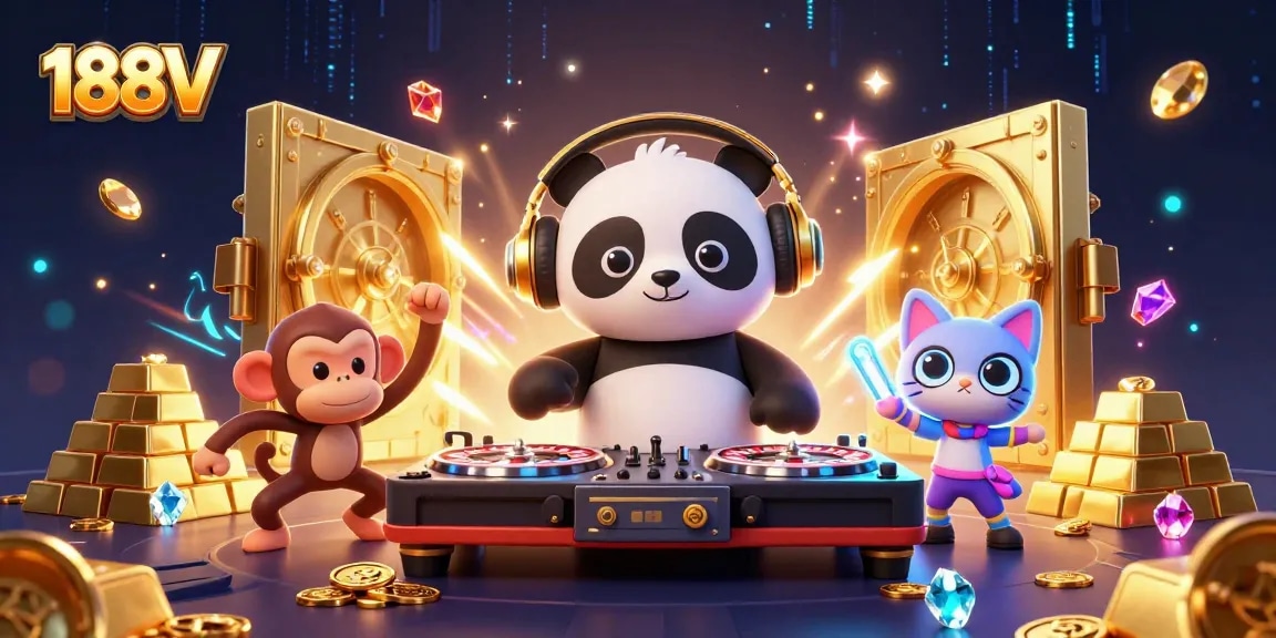 Spin to win at 188V with lively characters celebrating in a vibrant casino scene.