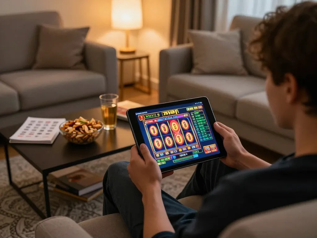 Player enjoying 789f slot games on a tablet in a cozy living room setting, emphasizing mobile gaming experience.