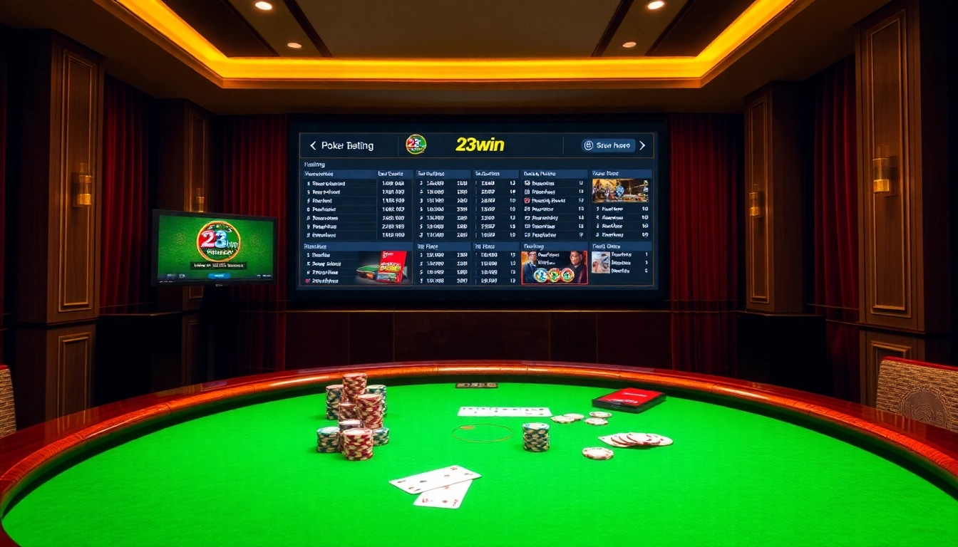 Players enjoying a high-stakes poker game at 23win's luxurious casino, showcasing chips and cards.
