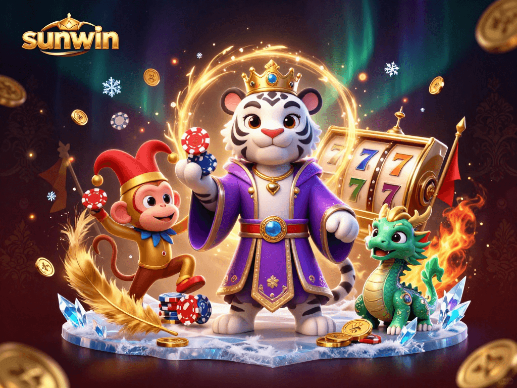 Sunwin promotes excitement in a vibrant casino scene with rich visuals and animated characters.
