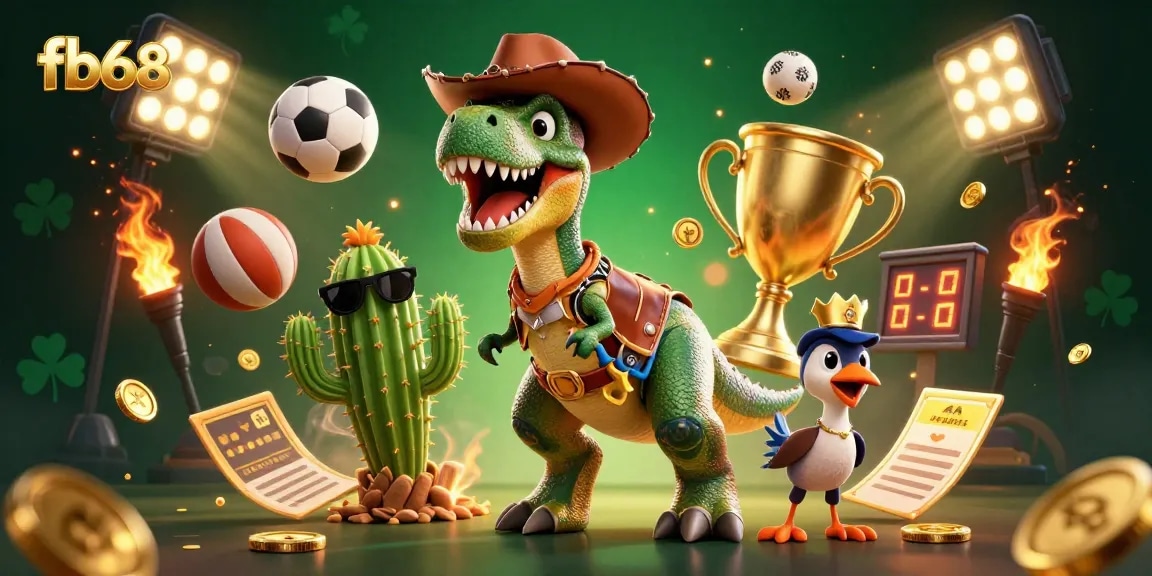 Join the action with fb68 featuring a cowboy T-Rex and friends in a vibrant sports-themed casino scene.