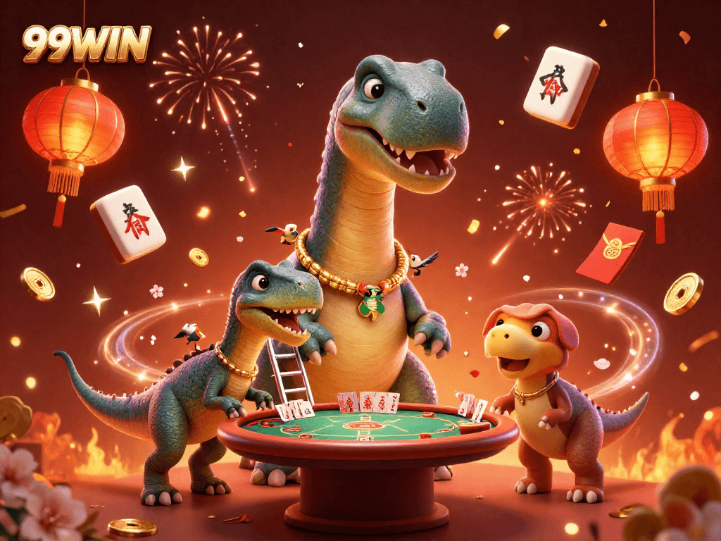 Engage in thrilling games at 99WIN with a vibrant 3D casino scene featuring dynamic characters and festive decorations.