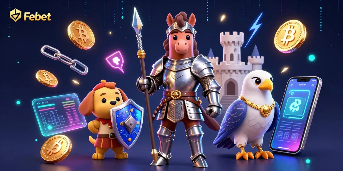 Experience the thrill of Febet with this dynamic 3D casino illustration featuring knights and crypto elements.