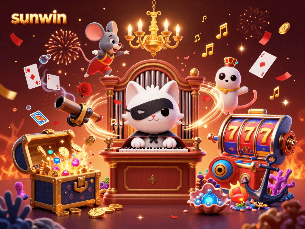 Experience thrilling wins at sunwin with a vibrant casino scene featuring whimsical characters and dynamic gaming elements.