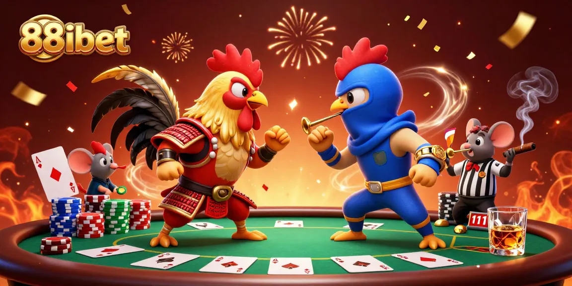 Experience thrilling gameplay at 88ibet with dynamic cartoon roosters, poker tables, and vibrant confetti.