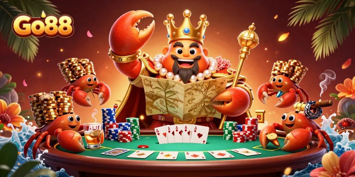 Experience thrilling gaming adventures at Go88 with a playful crab emperor ruling over poker games and treasures.