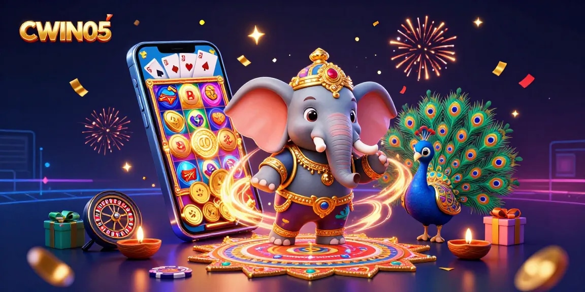 CWIN05 showcases vibrant casino excitement with a cartoon elephant and a peacock amidst spinning slot games and festive decorations.