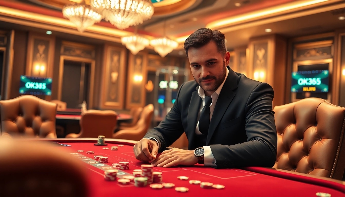 Experience the excitement of OK365 in a luxurious casino setting with vibrant gaming action.