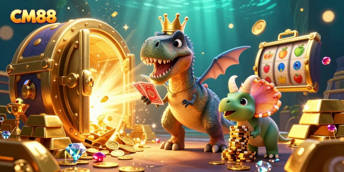 Experience the thrill of CM88 slots as a T-Rex shuffles cards while treasures burst forth from a vault.