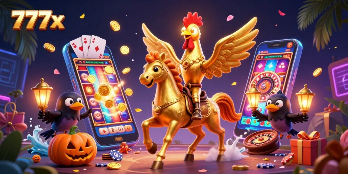 Experience thrilling gameplay with 777x in this vibrant casino scene featuring golden rooster characters.