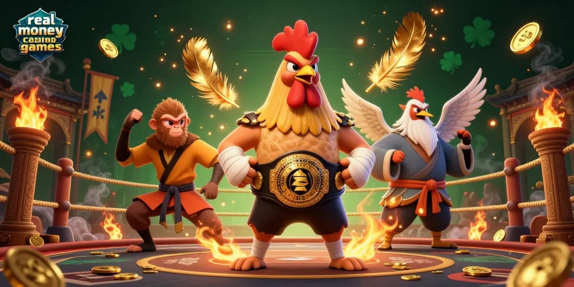 Engage with real money casino games featuring a Muay Thai rooster, Shaolin monkey, and crane master in a vibrant casino arena.