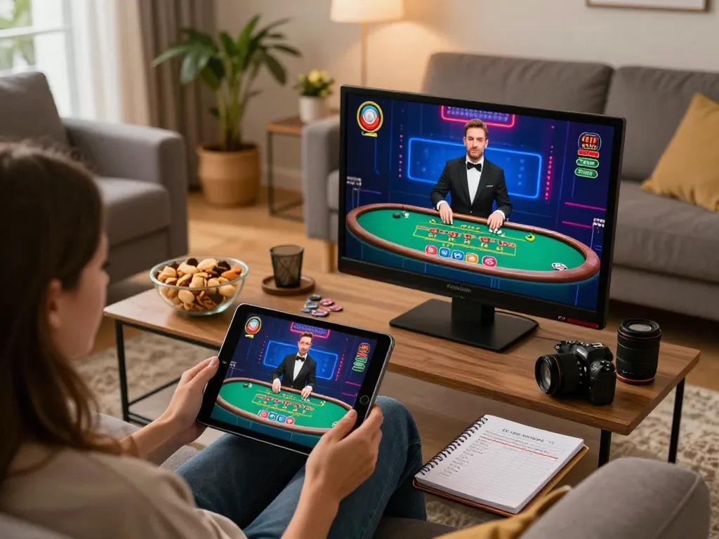 Player engaging in online casino gaming at home with lc88, enjoying a live dealer blackjack experience.