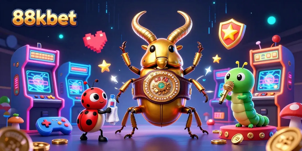 Experience the excitement at 88kbet with a golden stag beetle boxing champion in a vibrant casino scene.