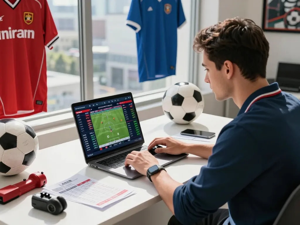 Immersive betting experience with kèo nhà cái displayed on screens, professional gambler analyzing live football odds.