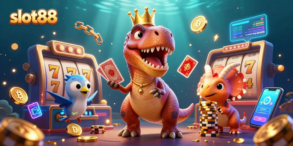 Permainan slot88 dengan dinosaur lucu memegang kartu dan menumpuk chip emas, menciptakan suasana kasino yang menarik.