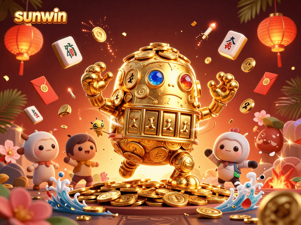 Engage with the thrilling world of sunwin casino, featuring a vibrant golden golem and festive decorations.