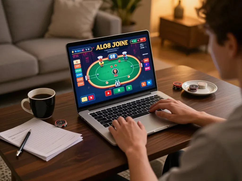 Person engaged in ALO8 online casino gaming while analyzing strategies in a cozy home setting.