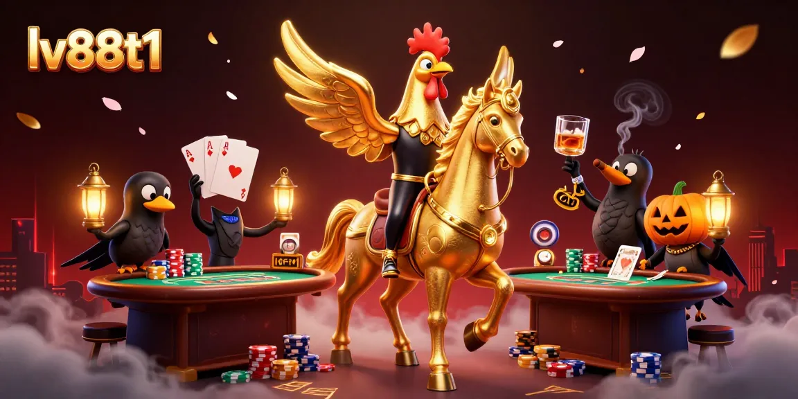 Engage with thrilling games at lv88t1's vibrant casino, featuring a golden rooster amidst action-packed poker tables.