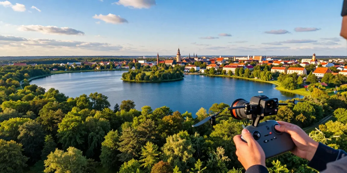 Zdjęcia z drona Olsztyn, operator kontrolujący drona nad jeziorami i zielenią miasta w pięknej scenerii.