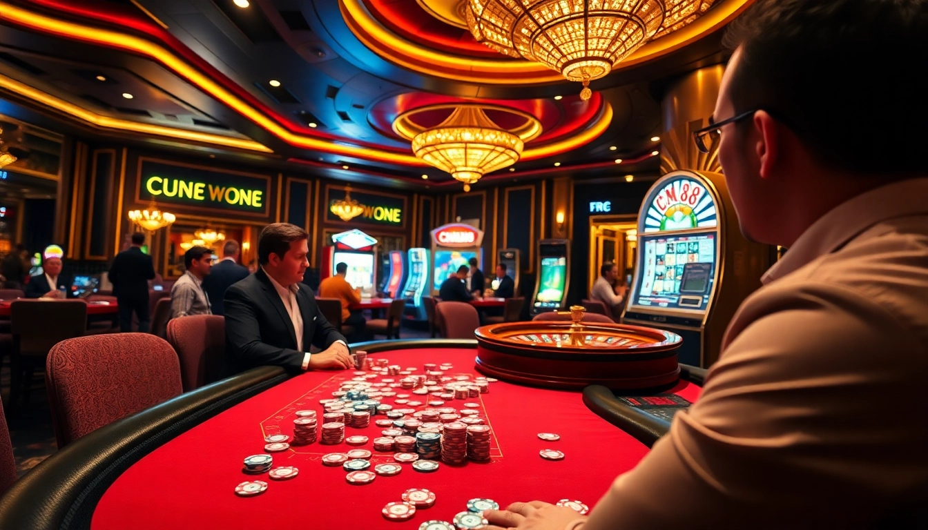 Engage with CM88 at a luxurious poker table, surrounded by vibrant gaming elements and pals.