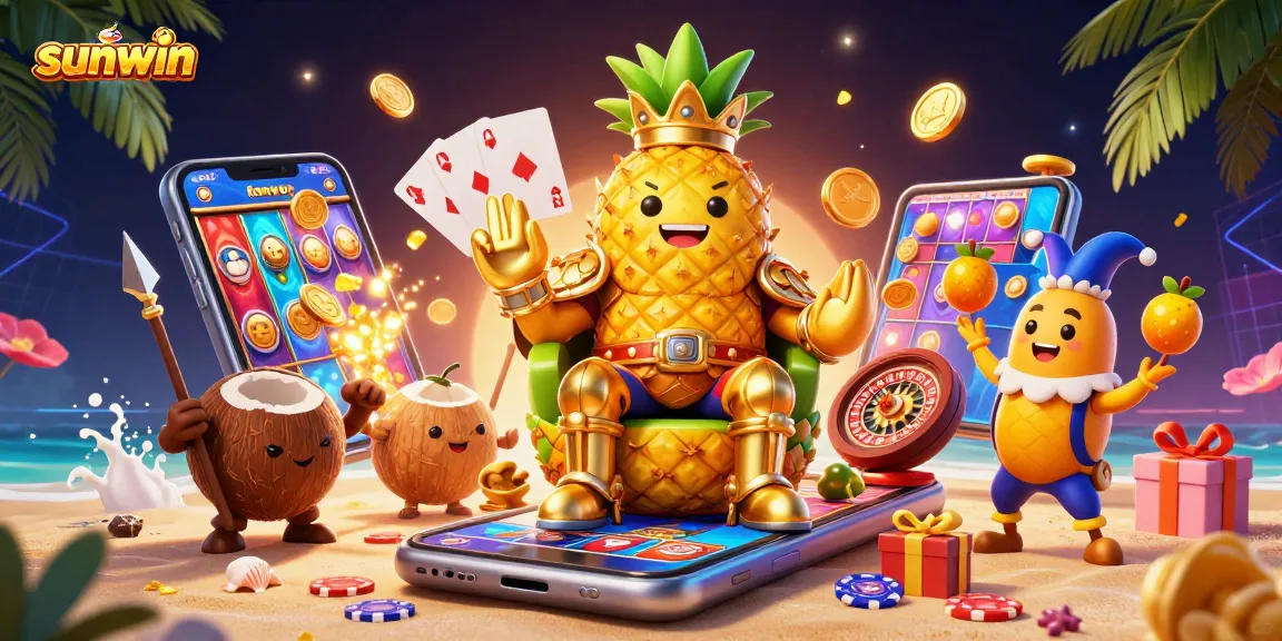 Win big with sunwin at a vibrant beach casino featuring a golden pineapple king and game elements.