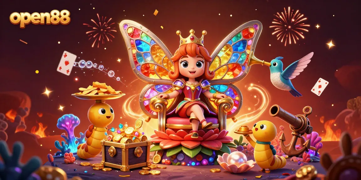 Bet on open88 in a vibrant casino scene, featuring a butterfly queen, chips, and treasures.