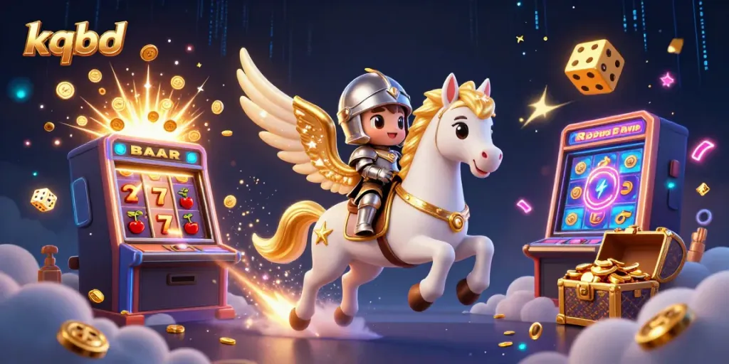 Win with kqbd by witnessing a magical slot machine explosion and majestic characters in a vibrant casino world.