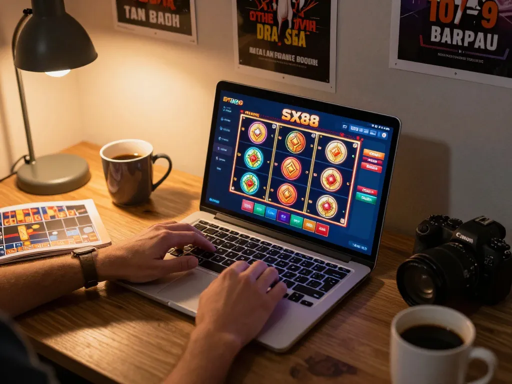 SX88 players strategizing exciting online slots while enjoying cozy gaming setup
