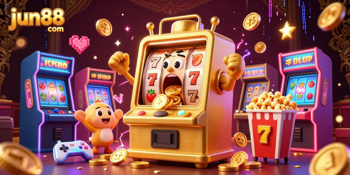Engage with thrilling wins at jun88 com, featuring a golden slot machine hitting the jackpot amidst a vibrant casino scene.