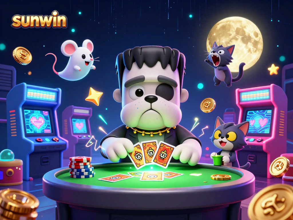 Experience thrilling moments at sunwin with our cartoon gaming illustration featuring monsters and gambling elements.