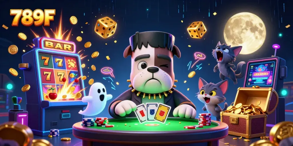 Experience thrilling gameplay at 789F Casino with a lively card game scene featuring unique characters.