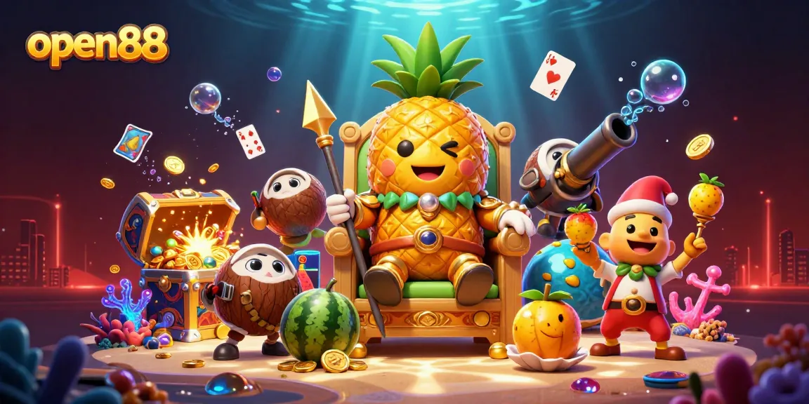 Engage with open88's vibrant casino realm featuring a golden pineapple king amidst treasure and thrilling games.