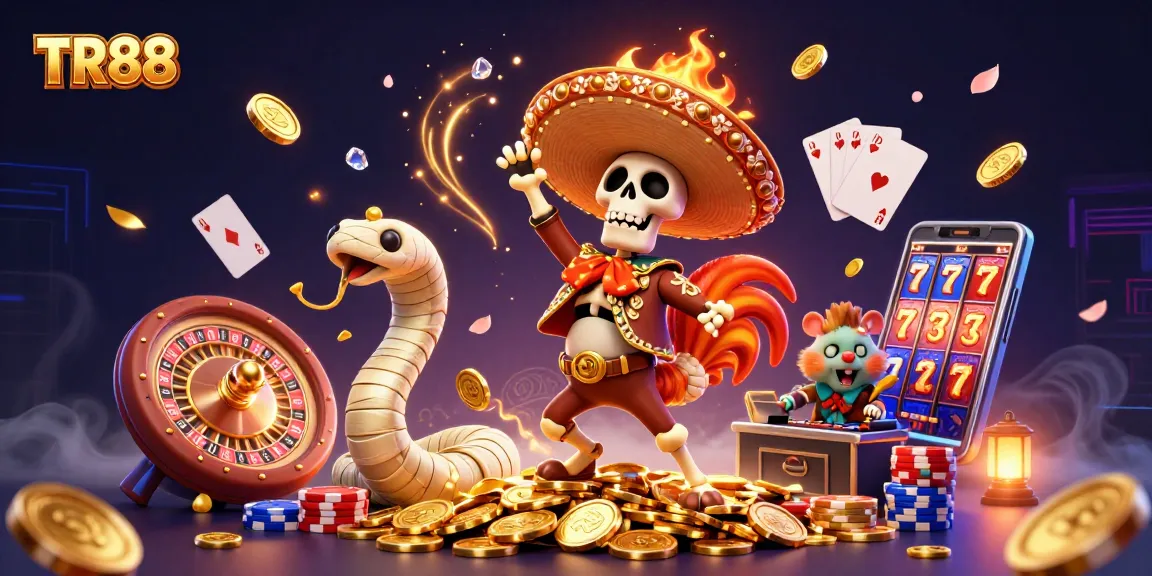 Experience TR88 with a mariachi rooster and friends celebrating a jackpot in a vibrant casino scene.