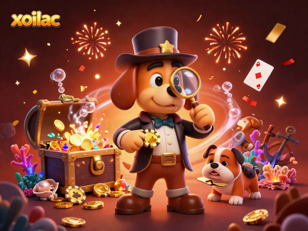 Xoilac promotes strategic online gambling with a cartoon detective hunting for poker treasures amidst a colorful underwater scene.