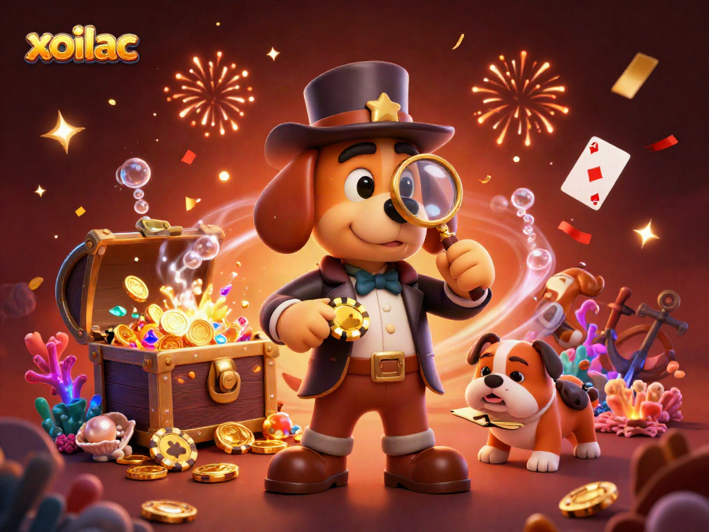 Xoilac promotes strategic online gambling with a cartoon detective hunting for poker treasures amidst a colorful underwater scene.