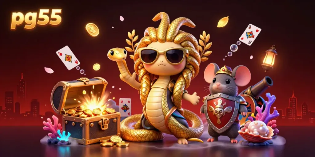 Experience the excitement of pg55 with a friendly Medusa and warrior mouse surrounded by treasures and casino elements.