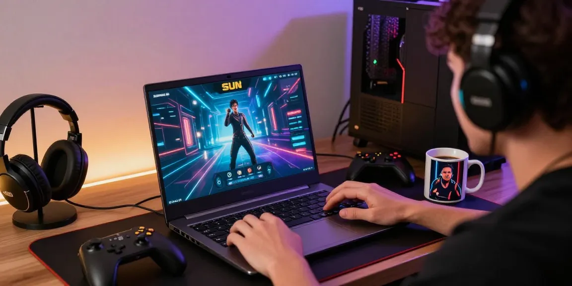 Sun win gaming experience with a player engaging in vibrant online gameplay and modern accessories.