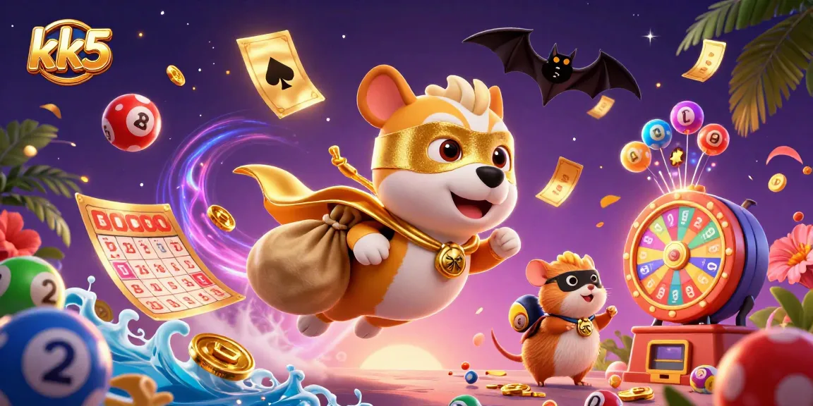 Engage in thrilling gaming experiences on kk5 with a vibrant display of lottery balls, games, and cheerful characters.