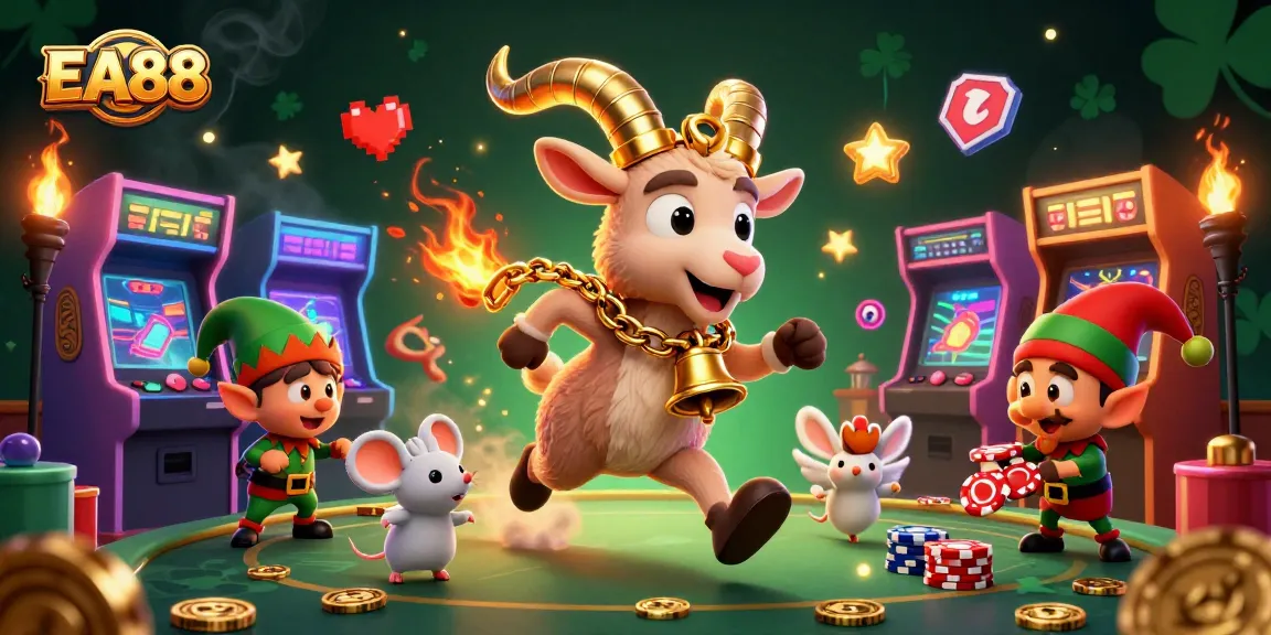 Experience EA88 casino adventures with Krampus, an angel mouse, and cheeky elves in a vibrant gaming landscape.