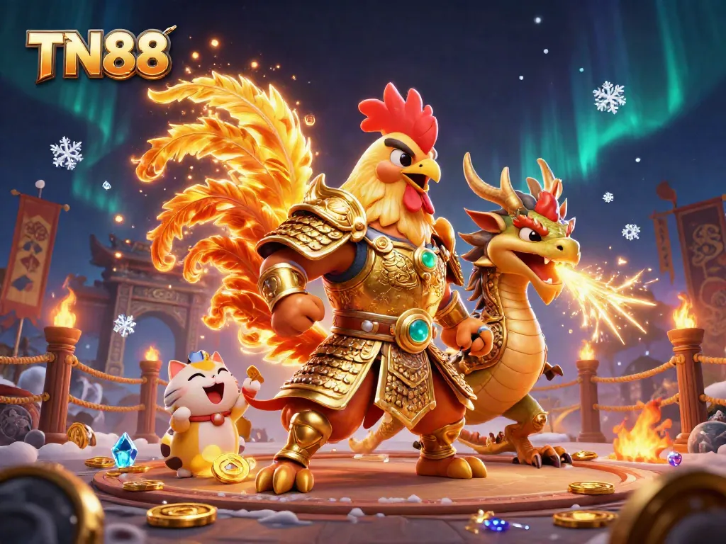 Experience the excitement of TN88 with a powerful rooster warrior and dragon in a dynamic casino arena.