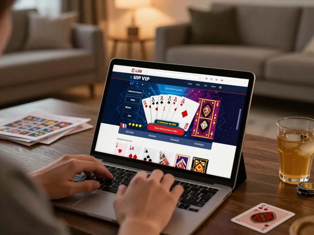 Experience LC88 VIP online gaming with engaging poker graphics in a cozy home setup