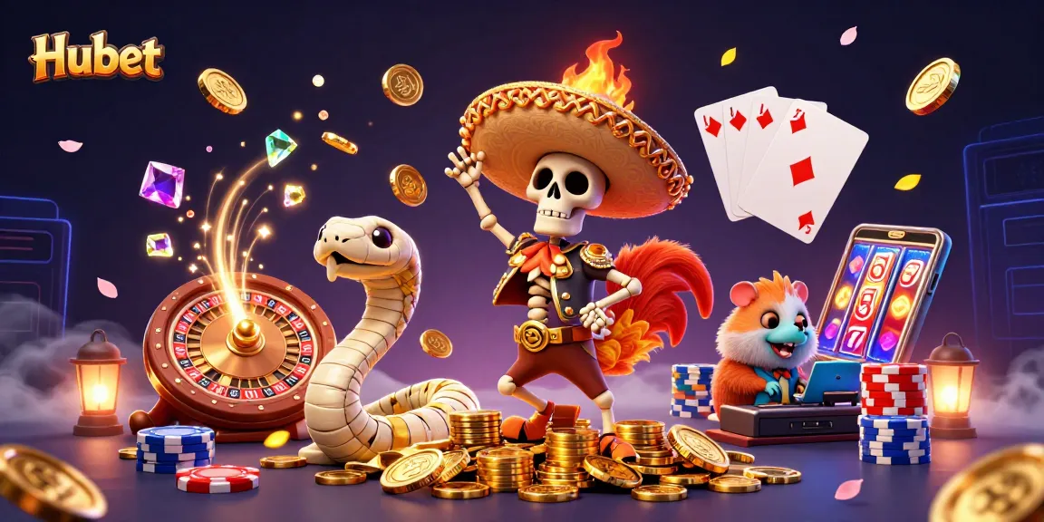 Join Hubet's thrilling jackpot adventure with vibrant casino characters in a festive scene filled with golden coins and excitement.
