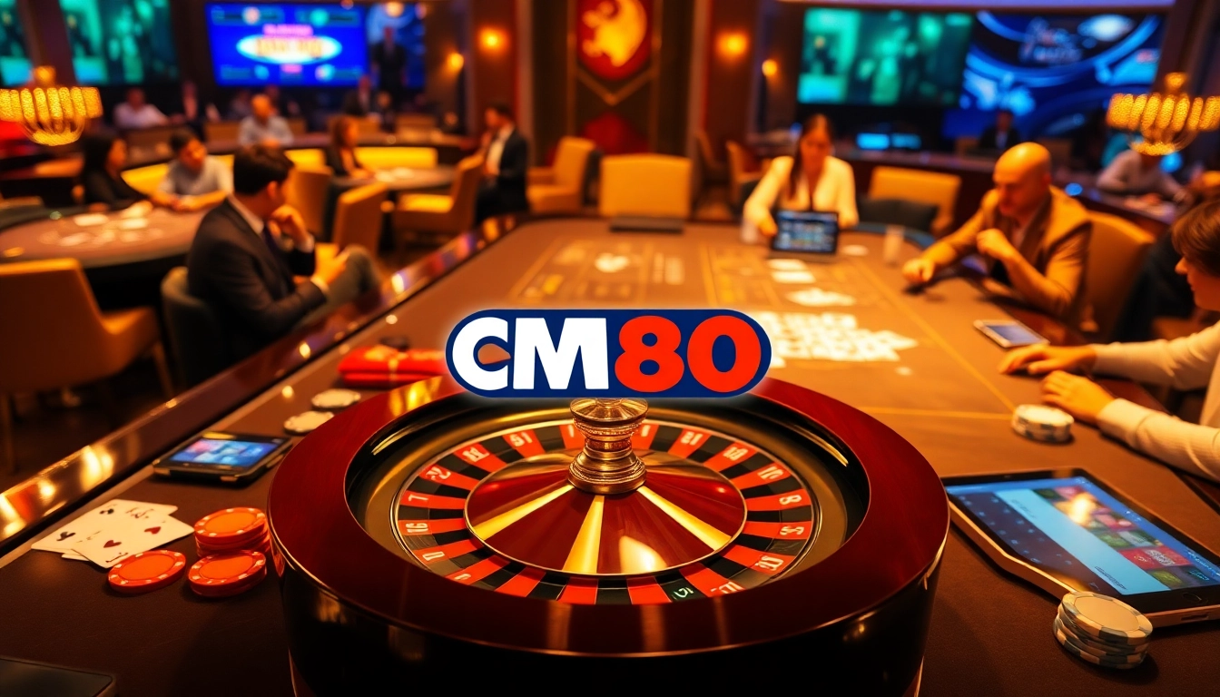 Experience high-stakes gaming with CM88 COM, featuring vibrant casino tables and poker chips.