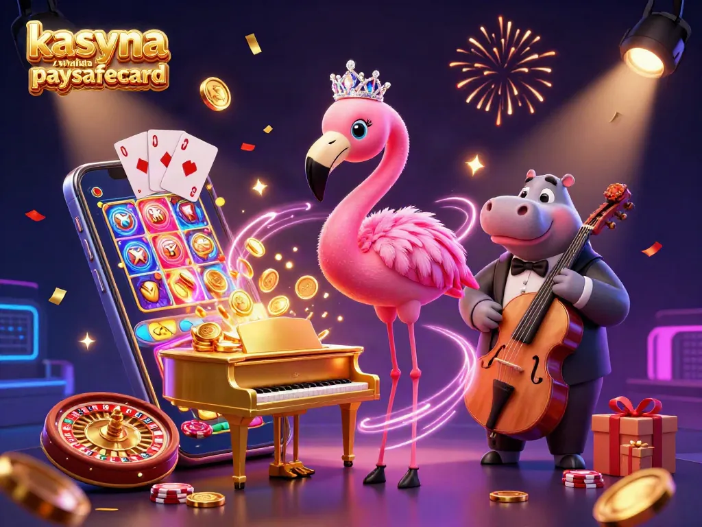 Kasyna z wplata paysafecard represented by a lively cartoon scene with a flamingo singer and a hippo bassist amidst vibrant casino elements.