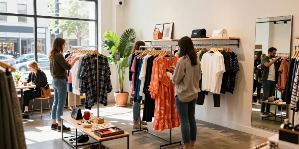 Shoppers exploring outlet odzież hurt clothing in a chic boutique.