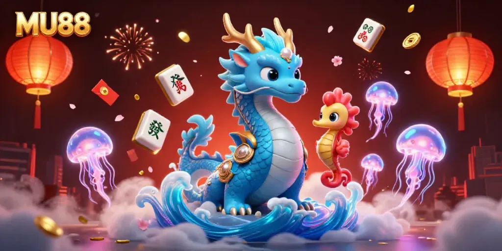 Engage with MU88's thrilling underwater casino, showcasing a majestic azure water dragon and vibrant game elements.