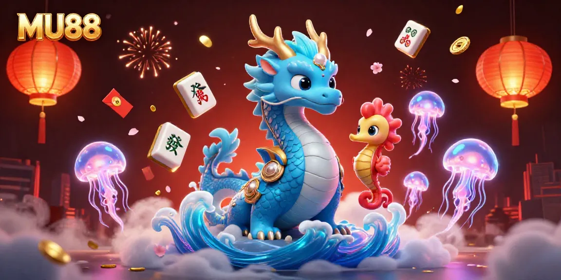 Engage with MU88's thrilling underwater casino, showcasing a majestic azure water dragon and vibrant game elements.