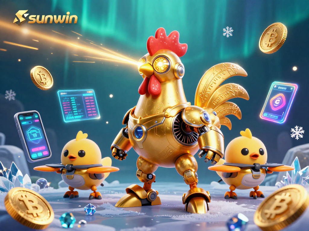 Engage in thrilling gameplay with sunwin's dynamic 3D illustration featuring a futuristic rooster robot.