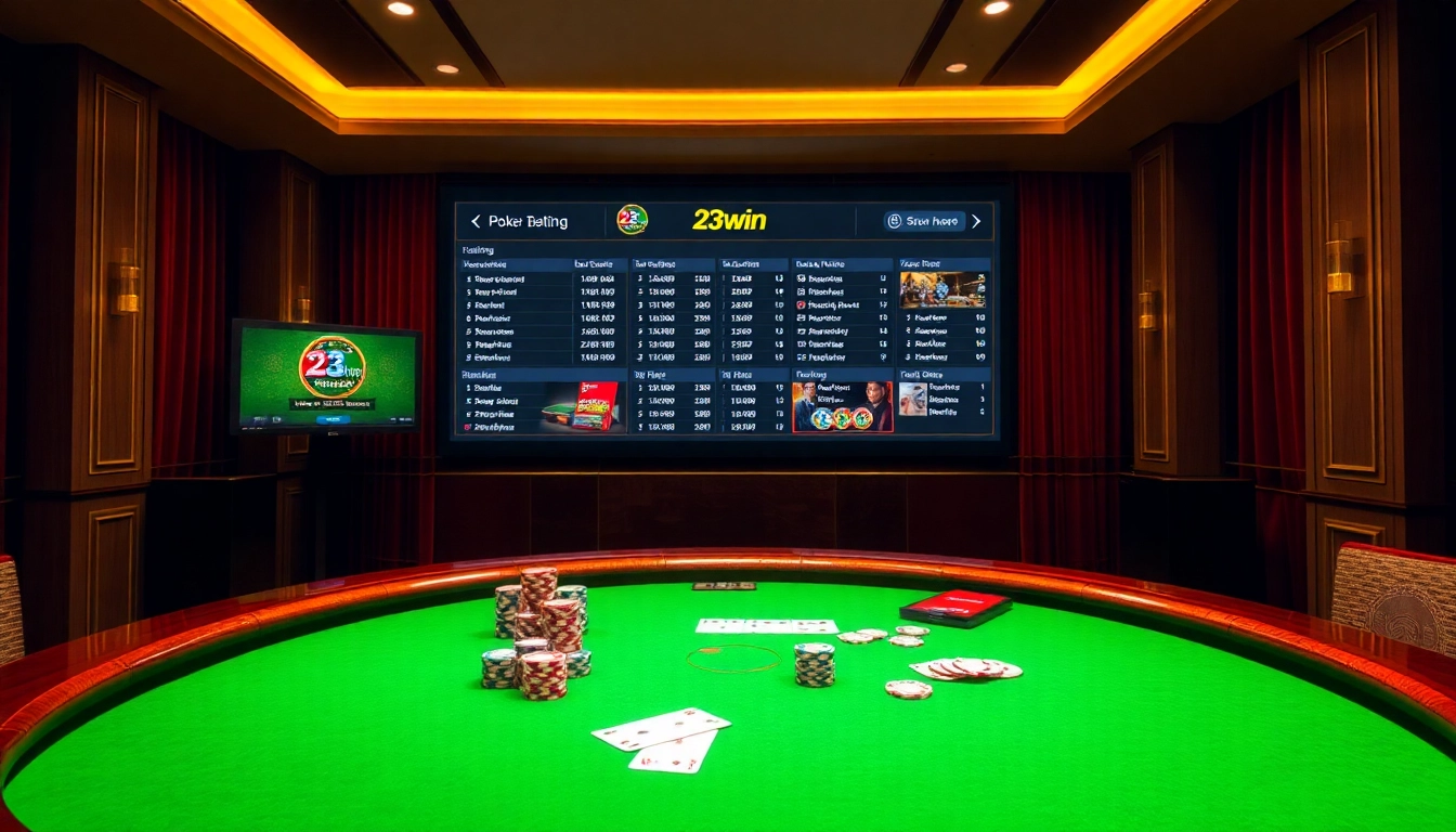 Players enjoying a high-stakes poker game at 23win's luxurious casino, showcasing chips and cards.