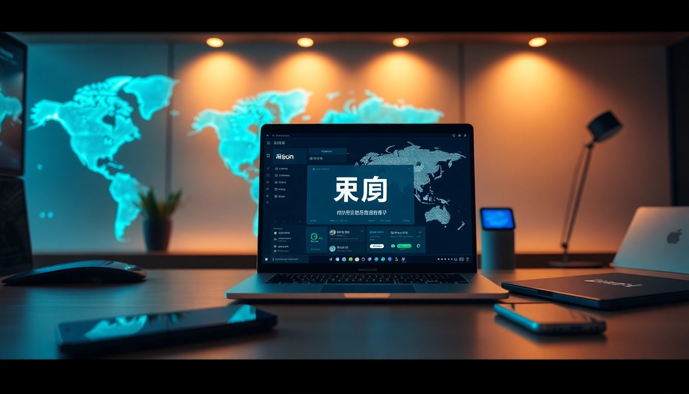 快连下载 interface displayed on a modern laptop in a tech workspace, focusing on network privacy and acceleration services.